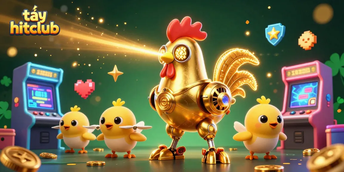 Tải hitclub and enjoy exciting gaming with the 3D cartoon golden rooster and baby chick drones.