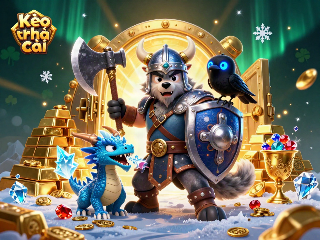Kèo nhà cái gaming scene with Viking wolf warrior, dragon, and treasure in a dazzling casino atmosphere.