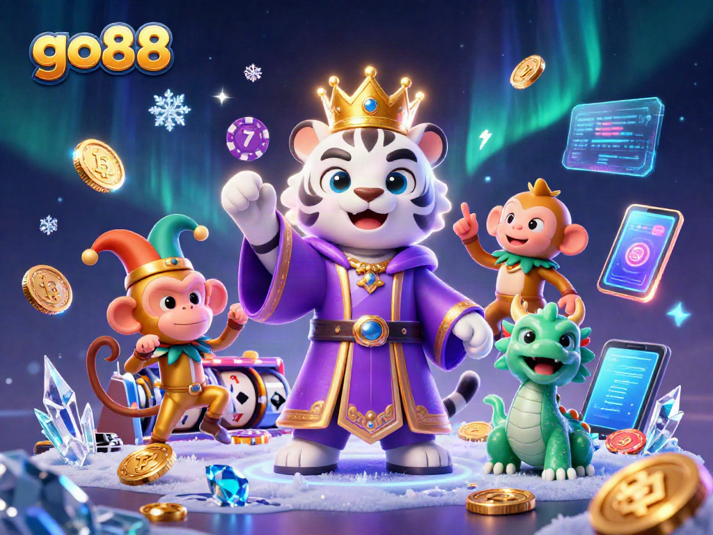 Experience excitement at go88 with a whimsical scene of a cartoon tiger, monkey, and jade dragon playing casino.