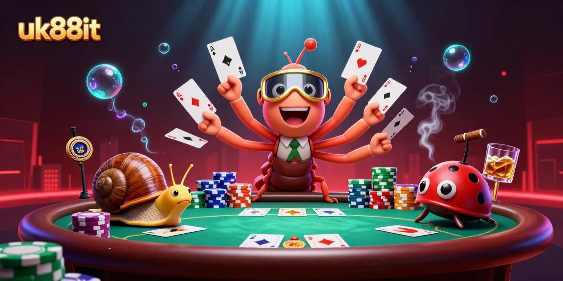 Play exciting games at uk88it with the cartoon dealer showcasing poker elements in a vibrant atmosphere.