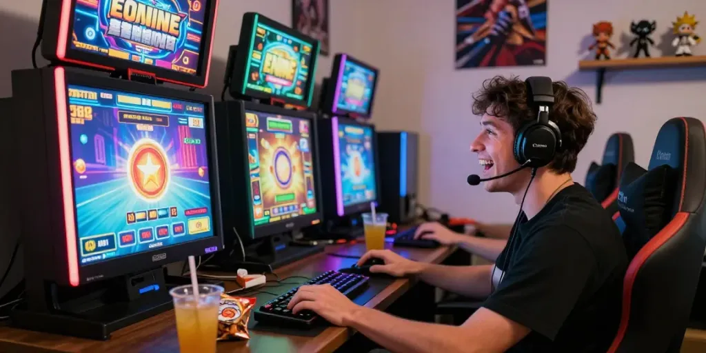 Penggemar Kangtoto bermain slot online di ruang gaming yang nyaman.