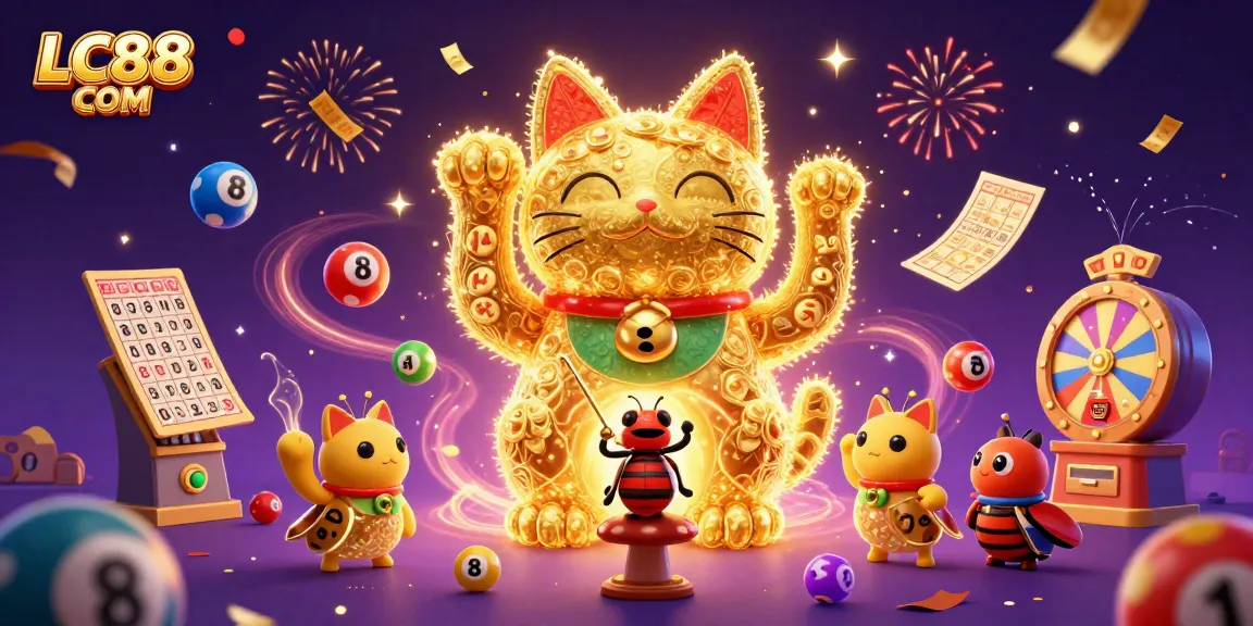 Play lottery games with excitement at LC88 COM, featuring colorful lottery balls and vibrant pop-up elements.
