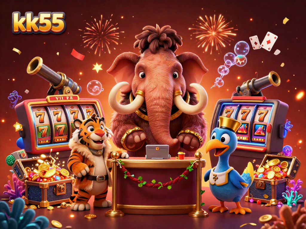 Experience thrilling gaming at kk55, where vibrant slot reels and lively characters create an electric atmosphere.