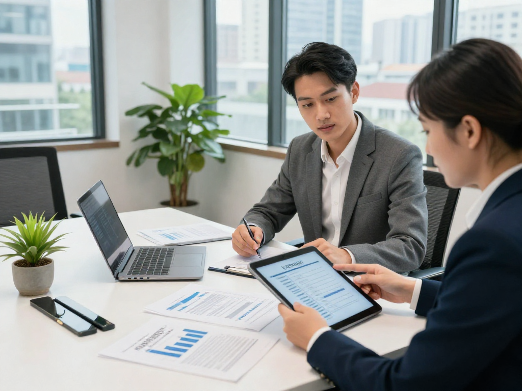 Professionele bespreking van zakelijk krediet met financiële adviseur en cliënt in moderne kantoorruimte.