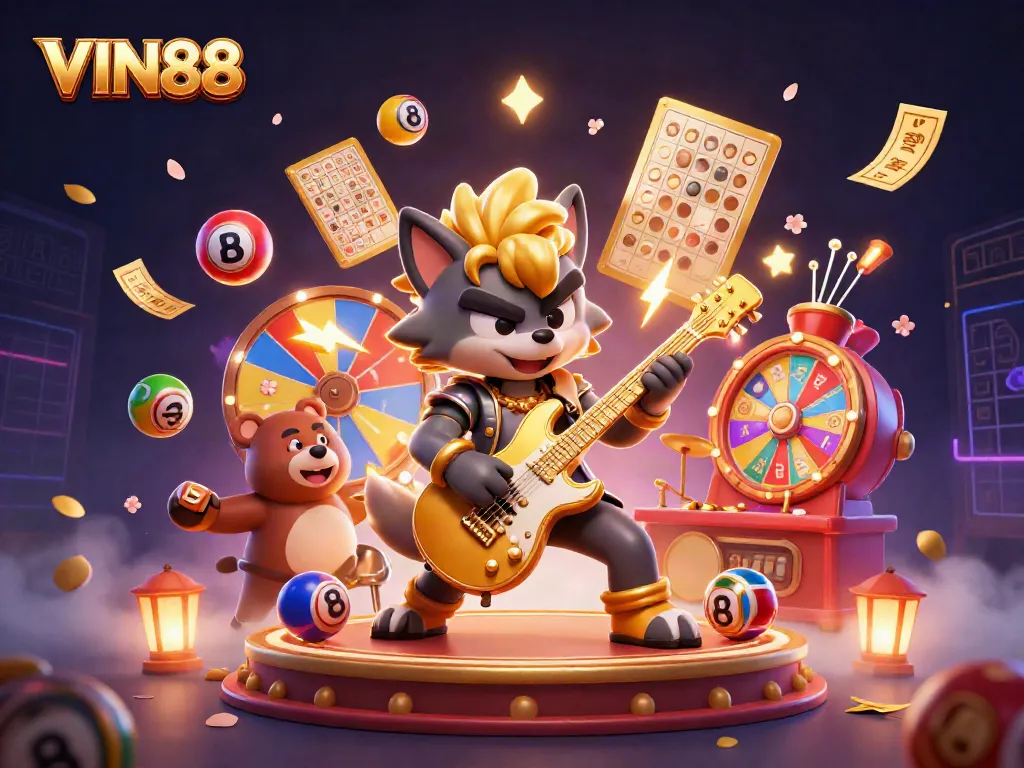 Experience exhilarating gaming at VIN88 with a dynamic 3D illustration showcasing vibrant casino elements.