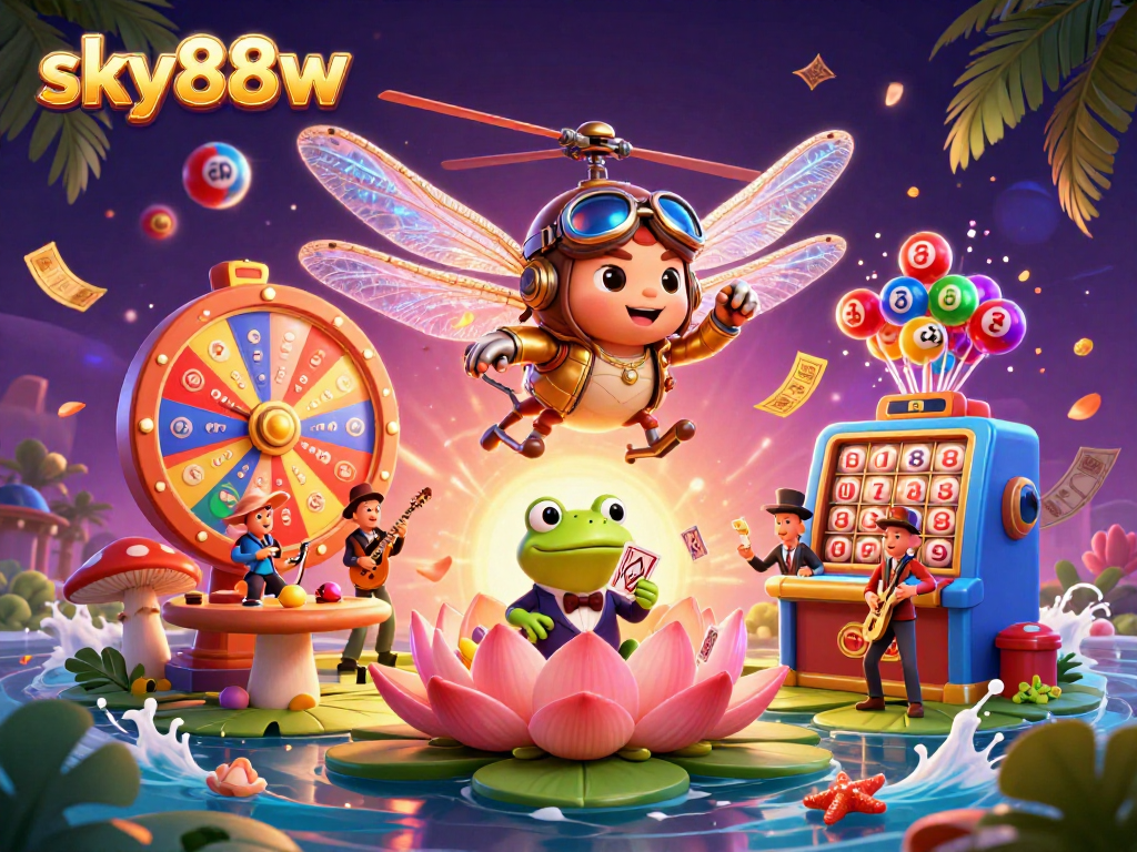 Sky88w offers an engaging gambling experience with vibrant casino elements, lottery balls, and dynamic croupiers.