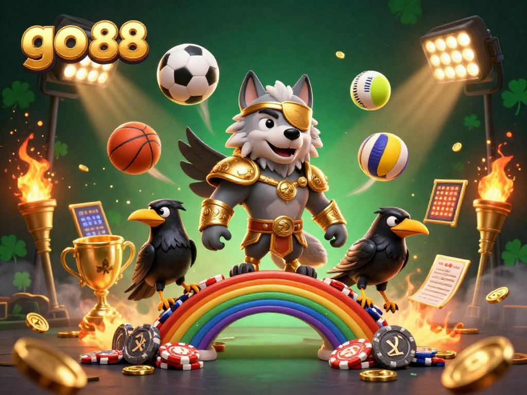 Experience thrilling gameplay with go 88's dynamic 3D casino illustration featuring Odin and sports elements.