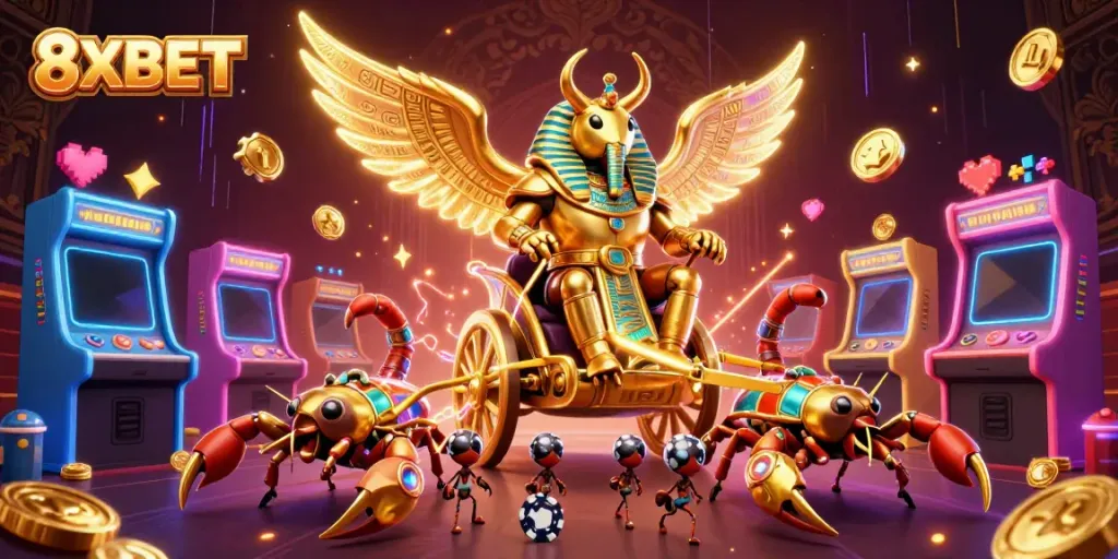 Engage with thrilling 8XBET experiences through a colorful casino-themed digital illustration.