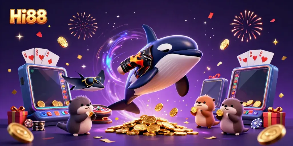 Engage with Hi88's exciting gaming experience featuring vibrant characters and dynamic casino elements.