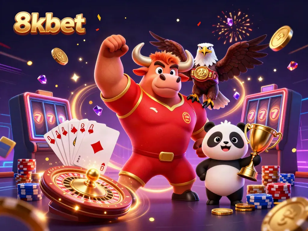 Celebrate wins at 8xbet with playful characters and vibrant casino elements in a dynamic 3D scene.