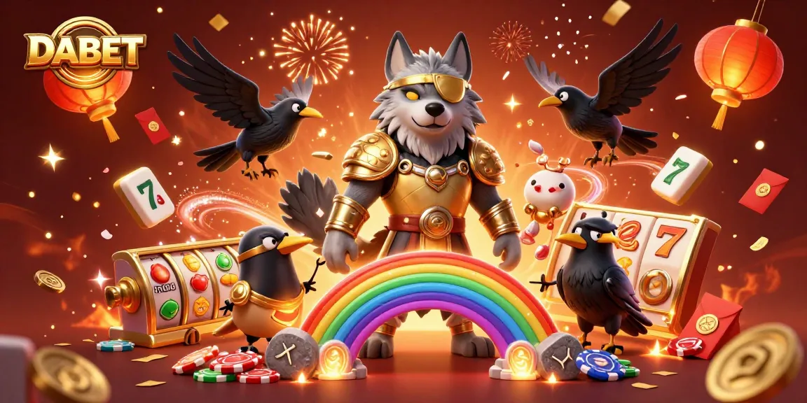 DABET showcases exciting slot adventures with a vibrant 3D casino illustration of a hero wolf and dynamic game elements.