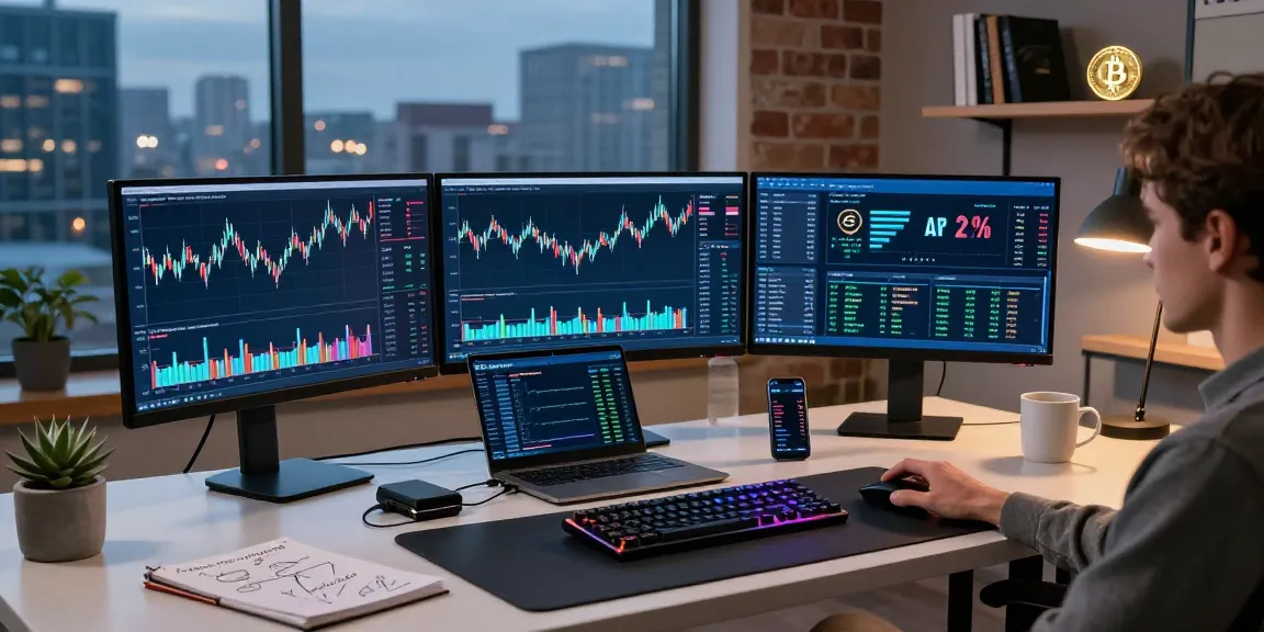 Récupération légale de crypto avec des outils de trading numérique dans un bureau moderne.