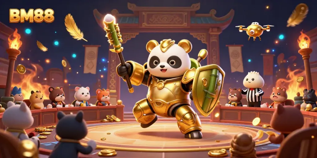 Engage in an exhilarating BM88 gambling showdown featuring a golden panda in a mech-suit amidst cheering animal spectators.