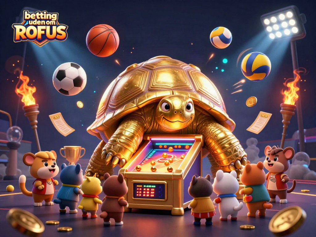 Betting uden om ROFUS scene depicting a golden tortoise pinball machine with sports elements.
