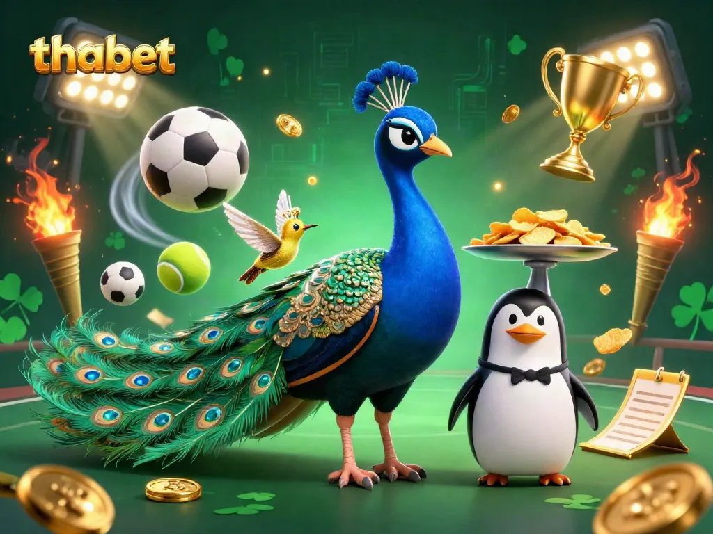 Experience the excitement of thabet with a vibrant 3D casino illustration showcasing a peacock and penguin amidst dynamic sports elements.