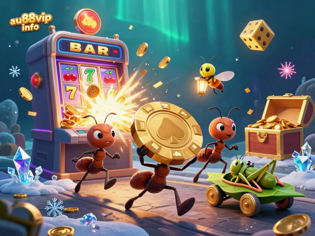 Join the heist with au88vip info as cartoon ants transport a giant poker chip, surrounded by slot machine excitement.