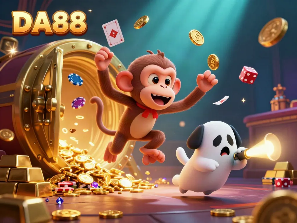 Engage with DA88's haunted casino scene, featuring a poltergeist monkey and a ghost-hunter puppy amidst golden treasures.