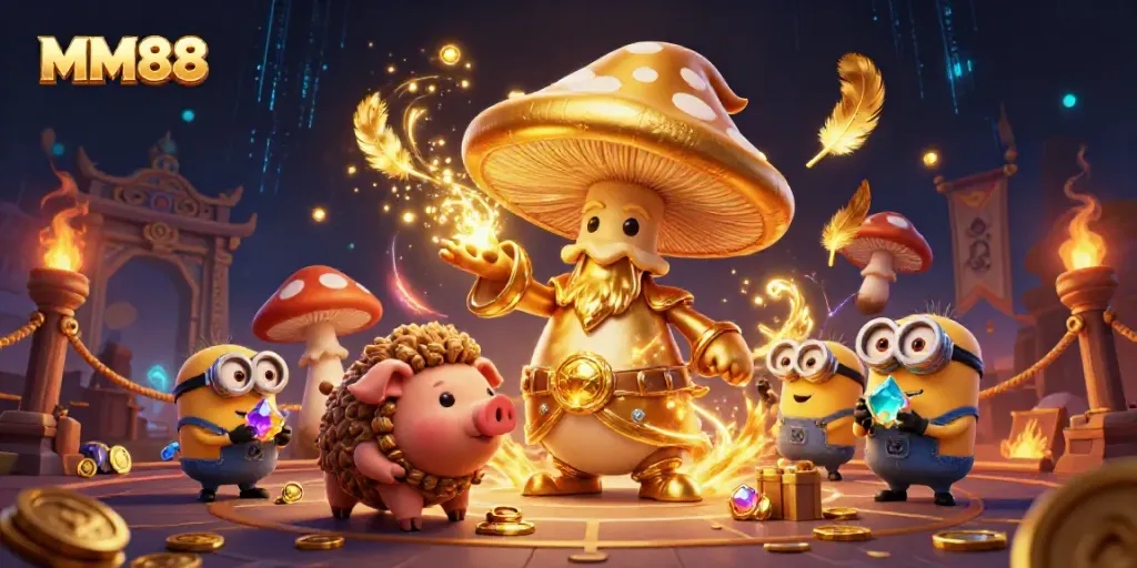 Witness the magic of MM88 as a golden mushroom wizard transforms the casino world.