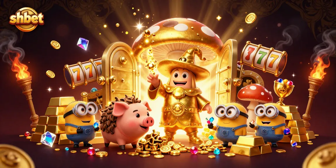 Winning at shbet with a golden mushroom wizard and treasure amidst dazzling casino elements.