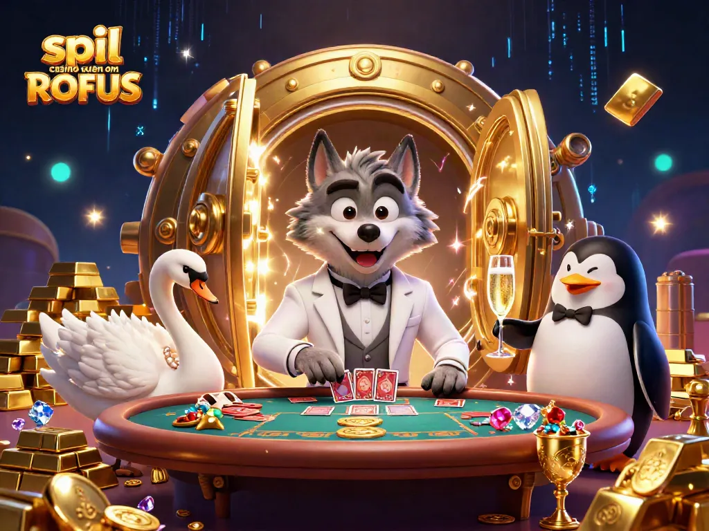 Experience the thrill of spil casino uden om ROFUS with a debonair wolf at the baccarat table surrounded by treasures.
