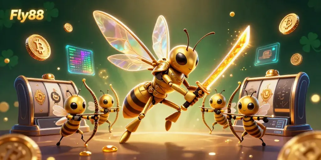 Engage in thrilling gameplay at Fly88 with a vibrant casino scene featuring a golden hornet in samurai armor amid slot reels and crypto elements.
