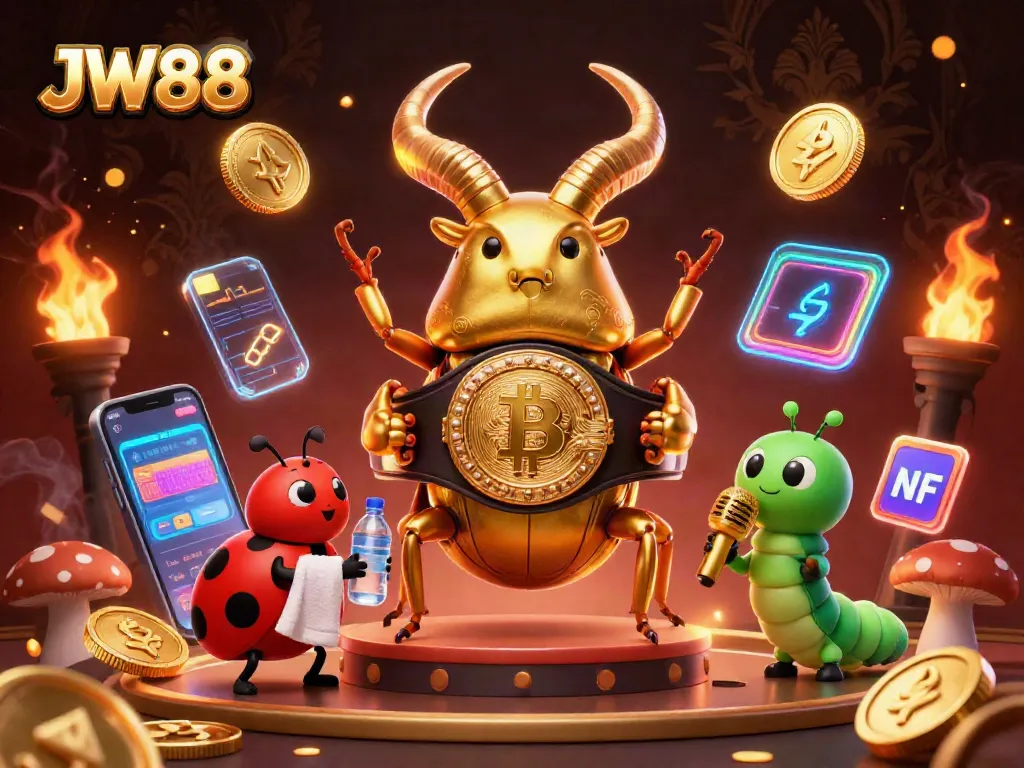 Engage with JW88 casino excitement featuring vibrant 3D art of golden stag beetle showdown.