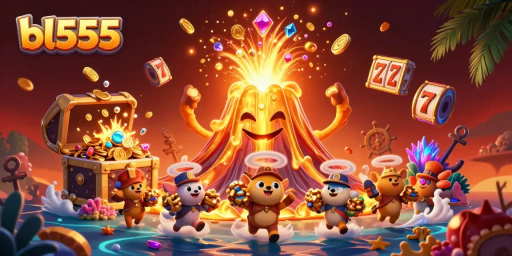Experience vibrant gameplay in bl555, featuring a golden volcano erupting treasures for lucky players.