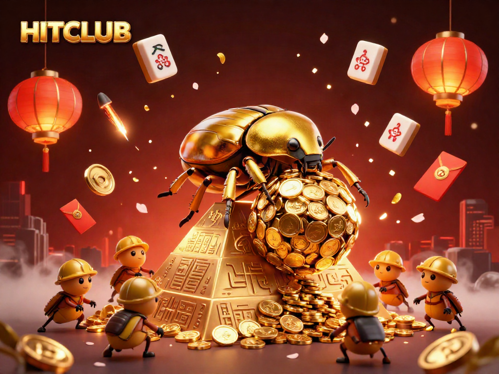 Join HITCLUB as the golden beetle rolls coins in a vibrant casino scene!