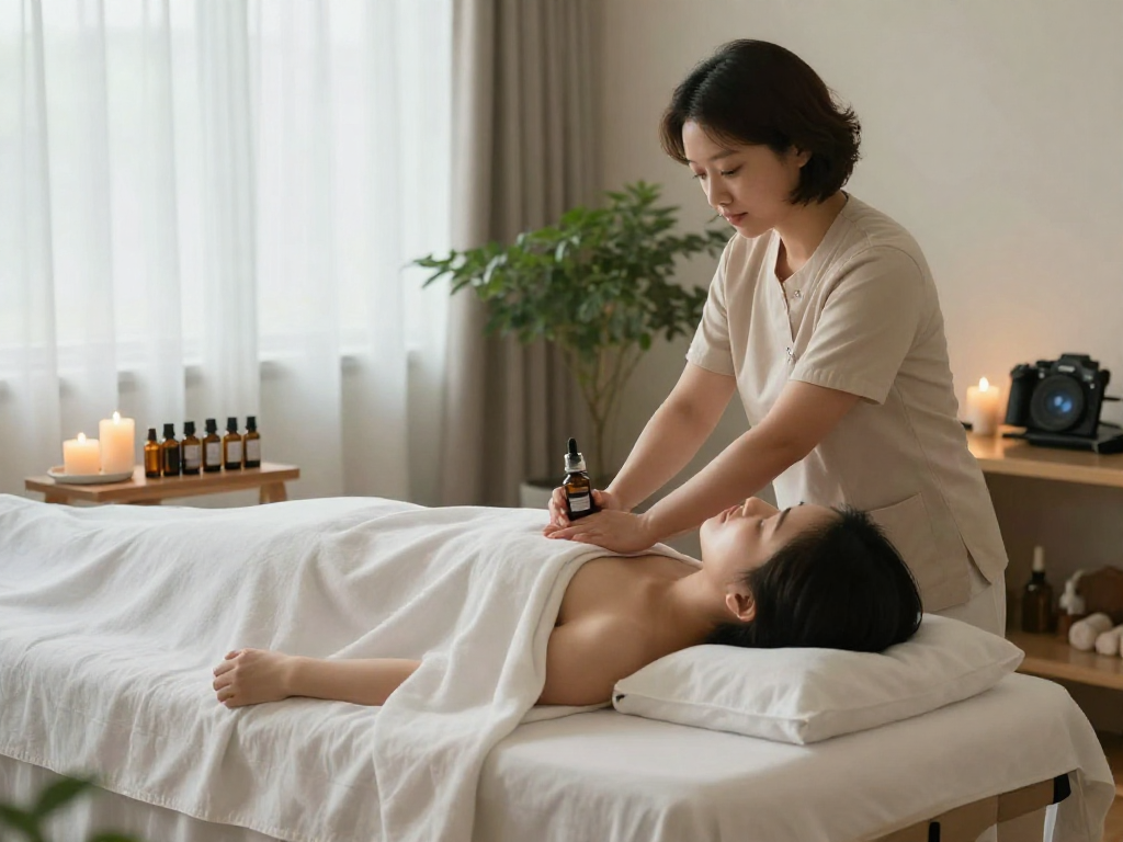 화곡동출장마사지 - Relaxing massage session with professional therapist using aromatherapy oils in a serene home setting.