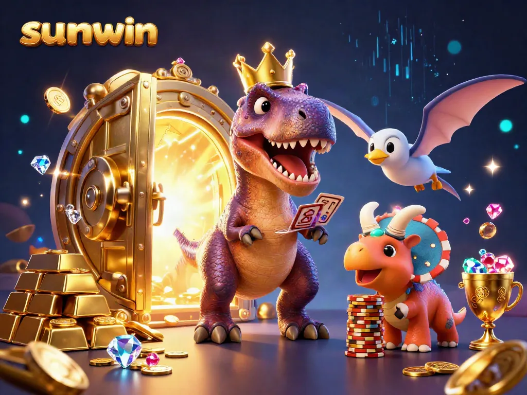 Join sunwin's exciting card games with a T-Rex dealer and shiny gold treasures.