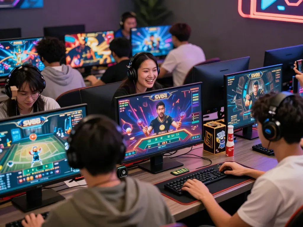 Players enjoying games at SV88 in a vibrant gaming lounge.