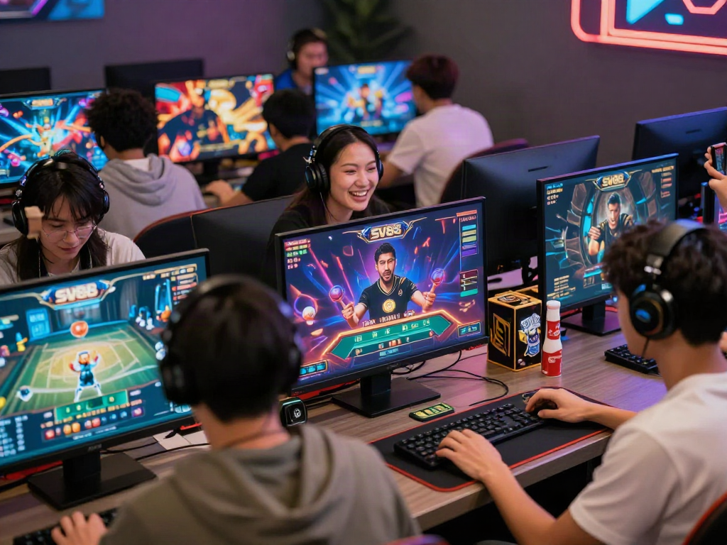Players enjoying games at SV88 in a vibrant gaming lounge.
