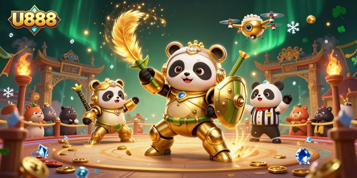 Experience U888's thrilling arena with a golden panda robot battling, surrounded by whimsical casino elements.