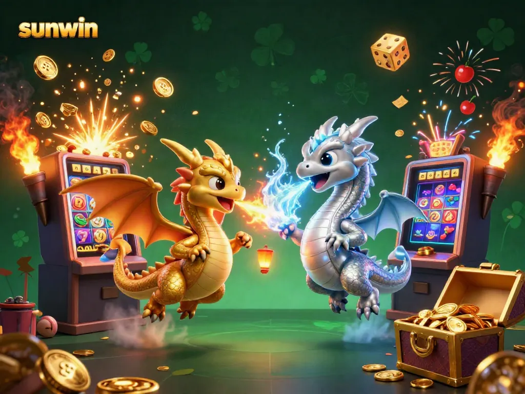 Experience the excitement of sunwin with a dynamic battle between gold and silver dragons amidst casino games and jackpots.