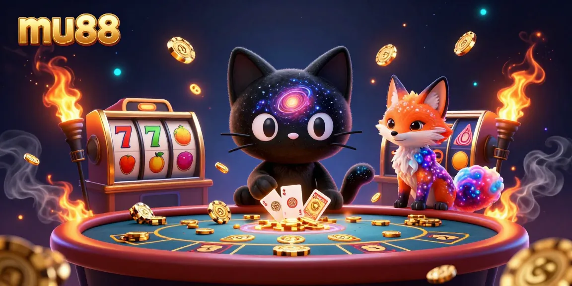 Experience the vibrant casino atmosphere with mu88, where a cosmic cat and nebula fox playfully attract golden chips and cards.