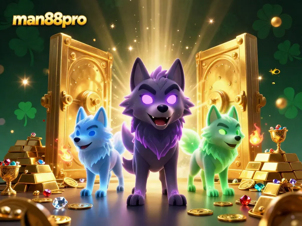 Experience thrilling gameplay with man88pro's ghostly wolves in a vibrant casino treasure scene.