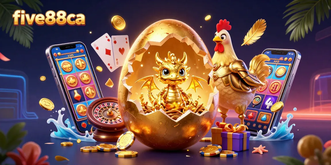 Experience the thrill of five88ca with a golden dragon, poker chips, and dynamic slot games.