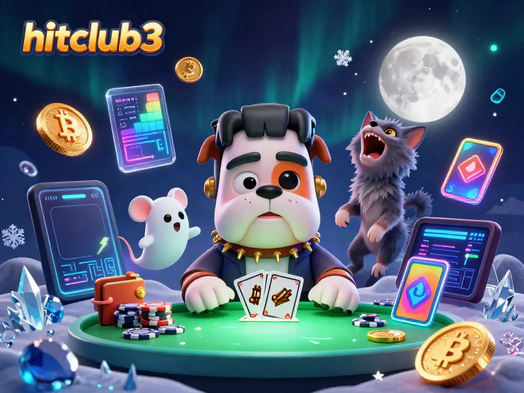hitclub3 features a 3D Frankenstein bulldog dealer at a casino table, surrounded by chips and NFTs.