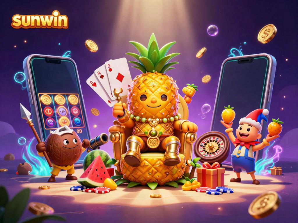 Experience thrilling gaming action at sunwin with a vibrant tropical casino illustration.