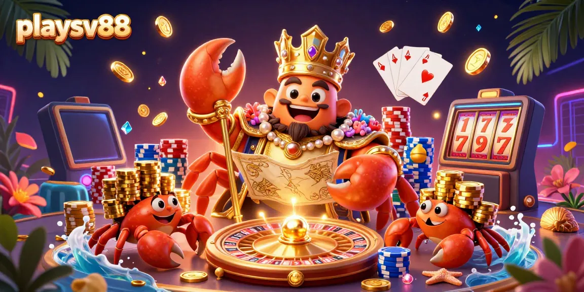 Play exciting games at playsv88 with a vivid 3D scene featuring a golden crab, chips, and coins.