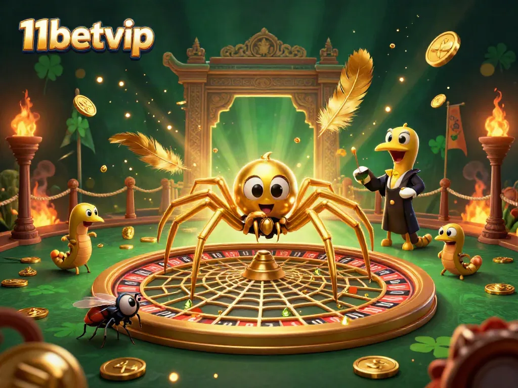 Experience the thrilling 11betvip action with golden spider and centipede croupier in a vibrant casino scene.