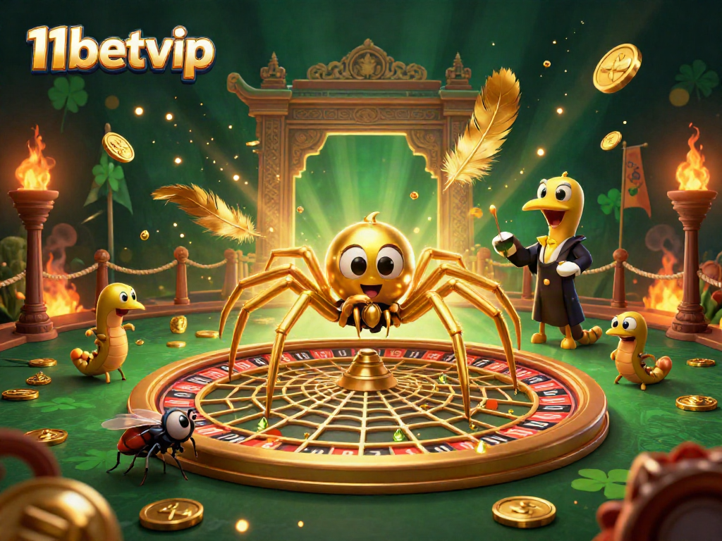 Experience the thrilling 11betvip action with golden spider and centipede croupier in a vibrant casino scene.