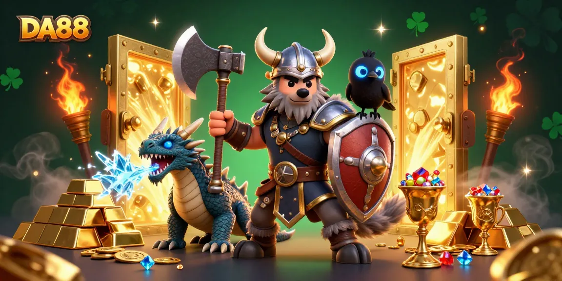 Engage with the DA88 dynamic fantasy casino scene featuring a Viking wolf warrior and treasures.