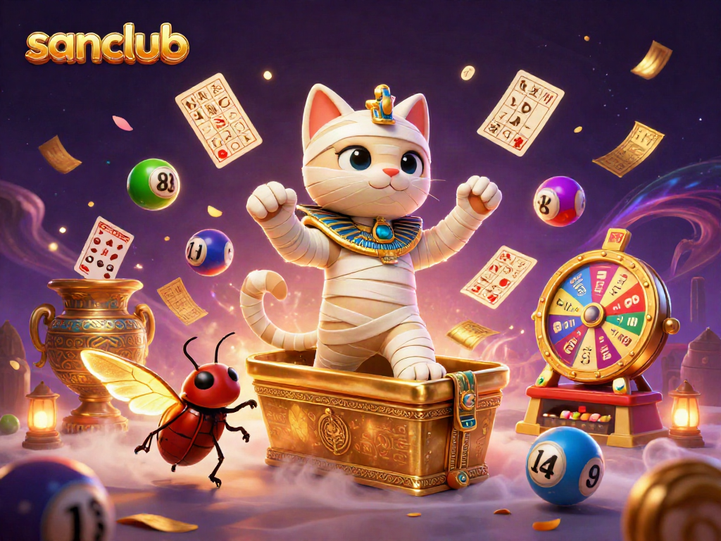 Experience thrilling wins at sanclub with a dynamic casino scene featuring a mummy cat, scarab, and floating cards.
