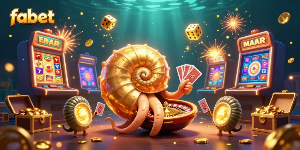 Experience thrilling games with fabet's stunning 3D illustration of a giant nautilus and casino elements.