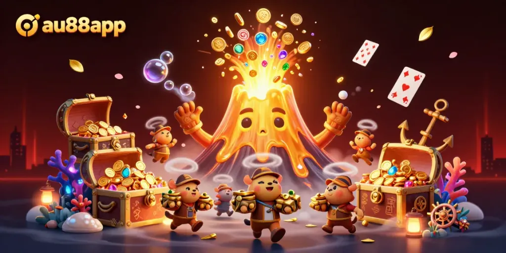 Experience thrilling wins at au88app with a vibrant 3D casino scene filled with treasures and games.