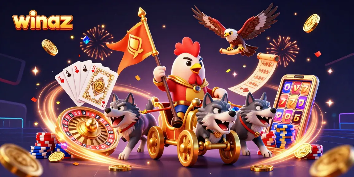 Winaz casino action scene with a rooster warlord and golden chariot amidst coins and roulette.