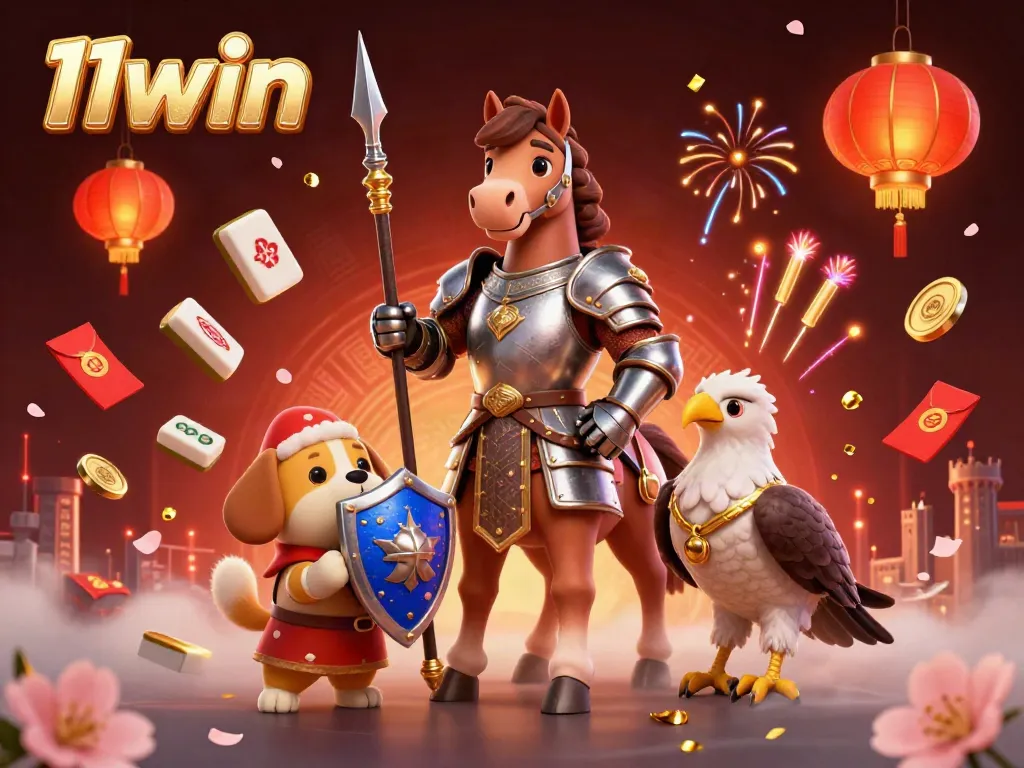 Experience the thrill of 11win with a dynamic scene featuring a knight, puppy, and falcon in a rich casino setting.