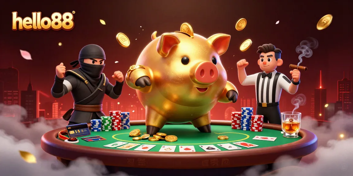 Engage with hello88's thrilling betting experience featuring a golden piggy bank sumo wrestler and dynamic poker scene.