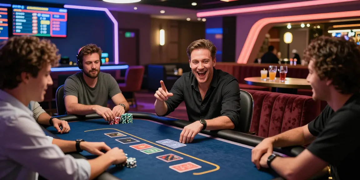 Sun win gaming scene with enthusiastic players celebrating a win at a modern gambling table in a lively casino atmosphere.
